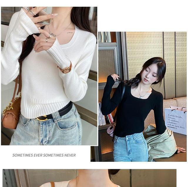 Long-Sleeve Crew Neck Plain Ribbed Knit Top Product Image