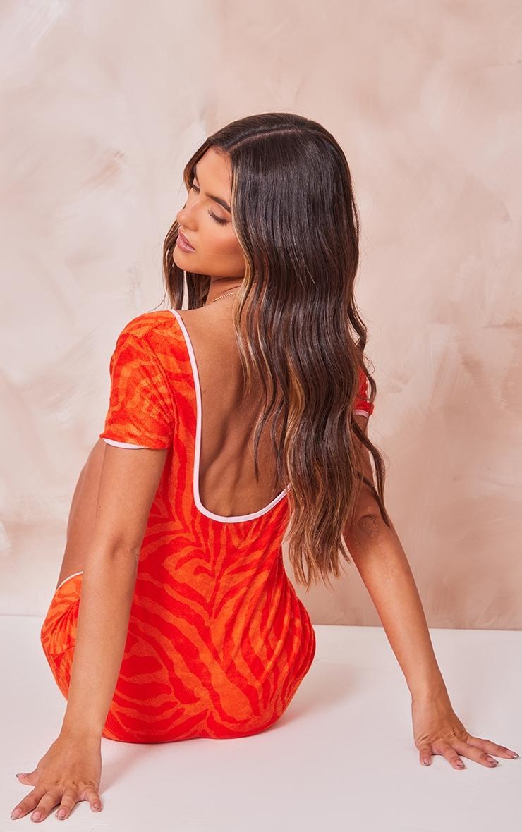 Orange Animal Print Toweling Contrast Seam Romper Product Image