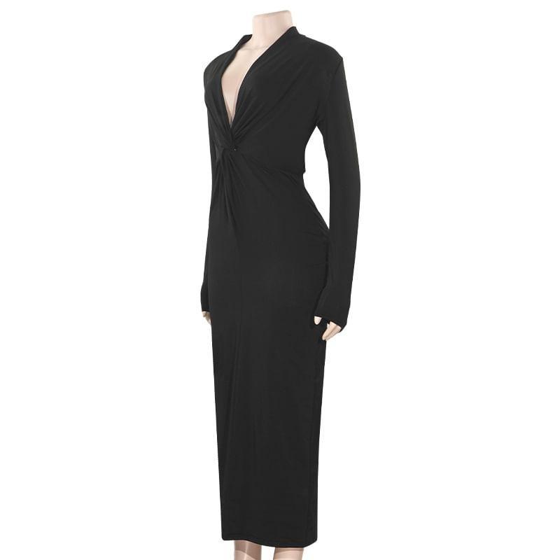 Long-Sleeve V-Neck Plain Knotted Midi Bodycon Dress Product Image