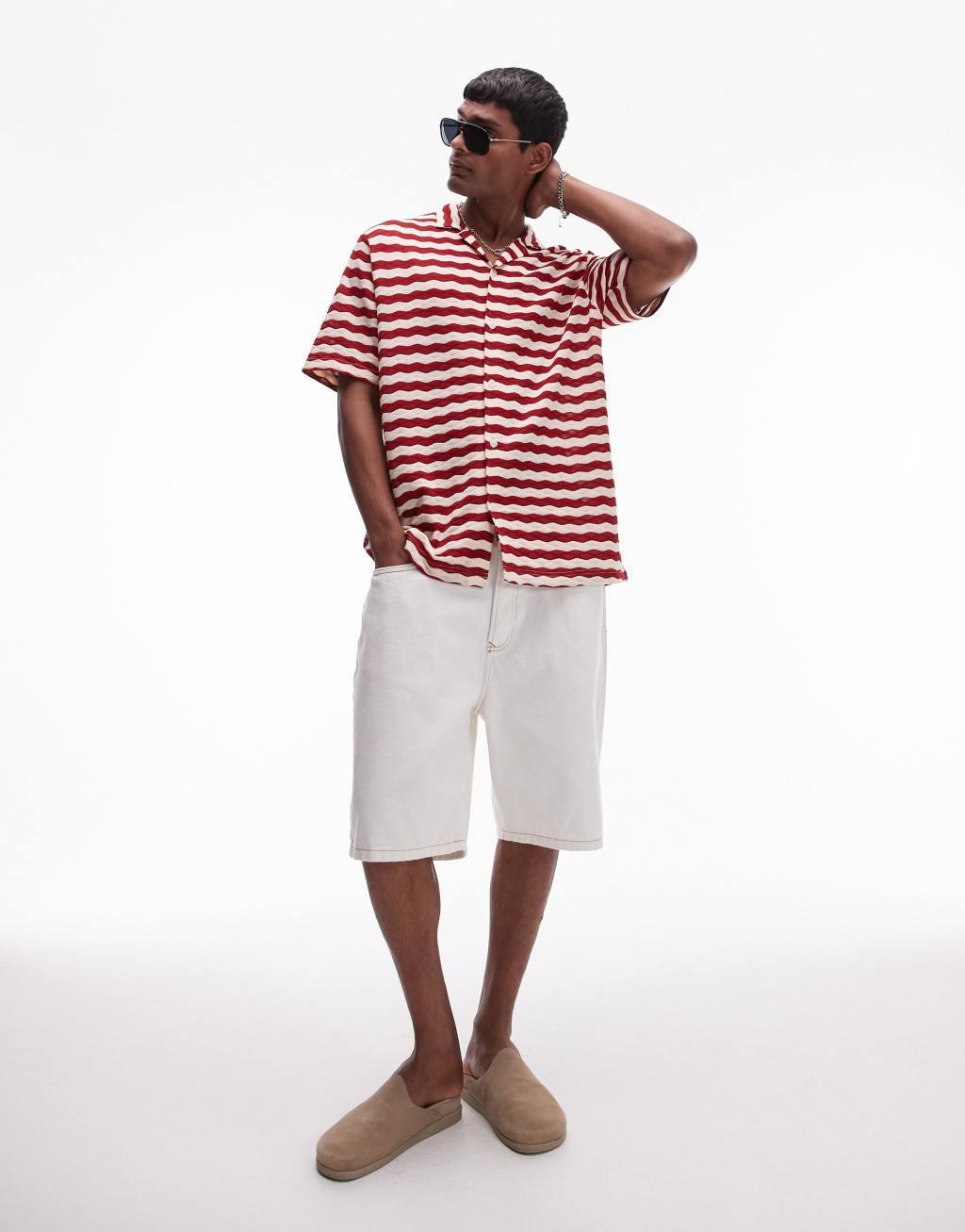 Topman short sleeve stripe crochet holiday shirt in red Product Image