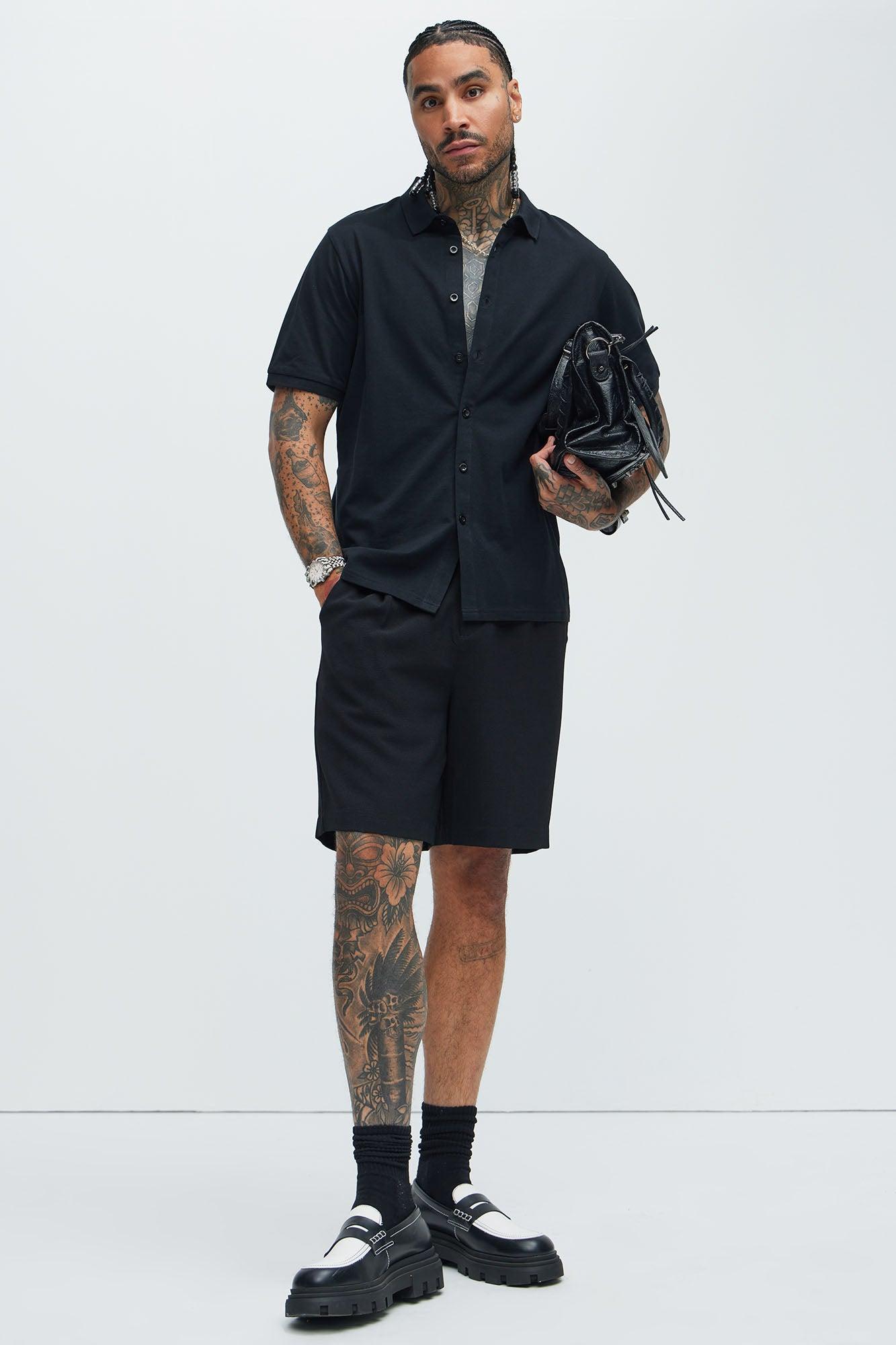 Owen Short Sleeve Knit Button Up - Black Product Image