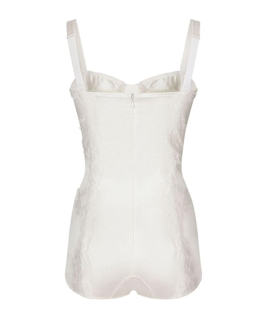 DOLCE & GABBANA Silk Balconette-bra Bodysuit With Lace Detailing In White Product Image