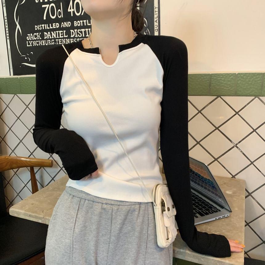 Long-Sleeve Notch Neck Raglan Slim Fit Tee Product Image