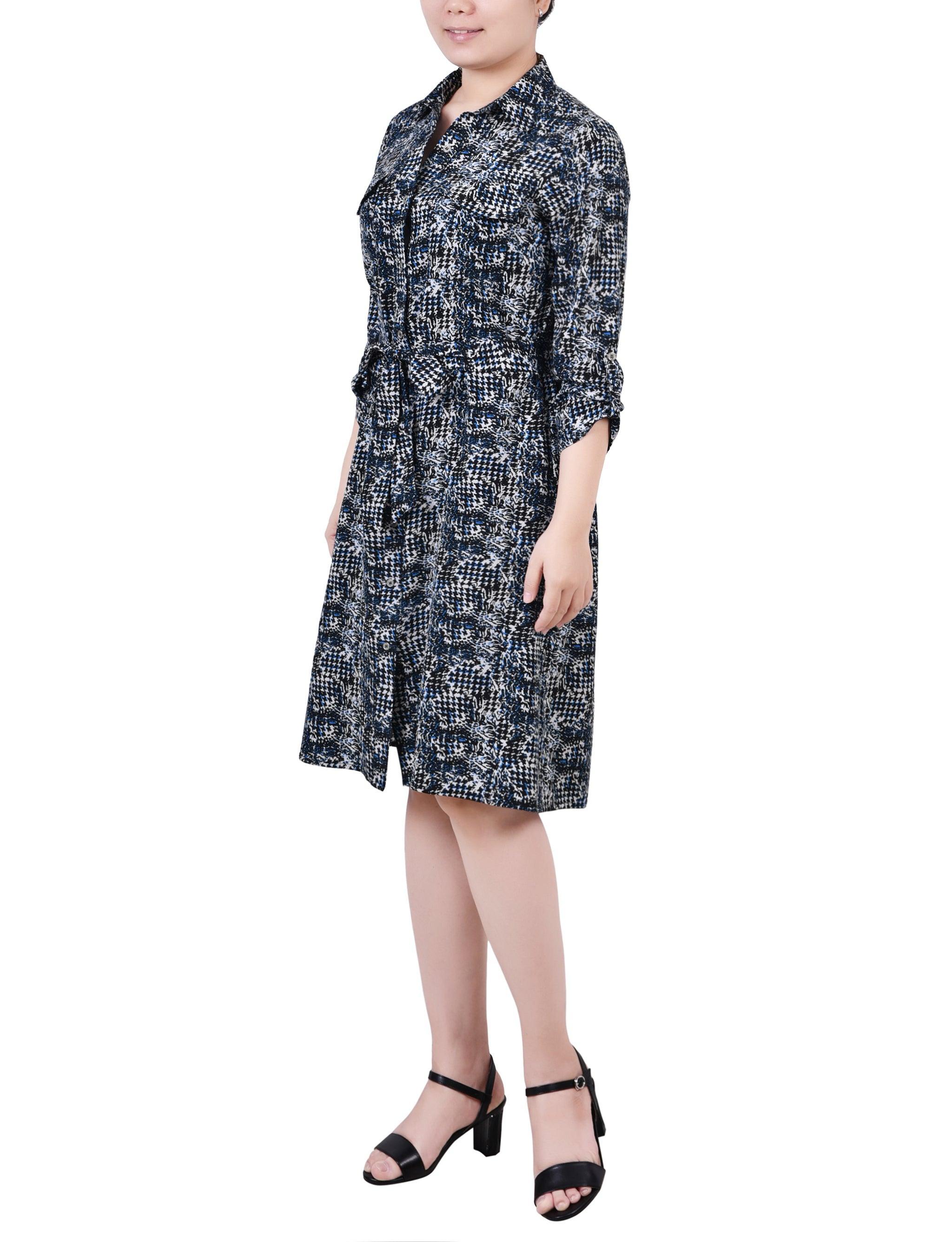 3/4 Length Roll Tab Sleeve Belted Shirtdress - Petite Product Image