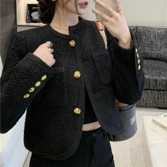 Crew Neck Plain Button-Up Tweed Crop Jacket Product Image