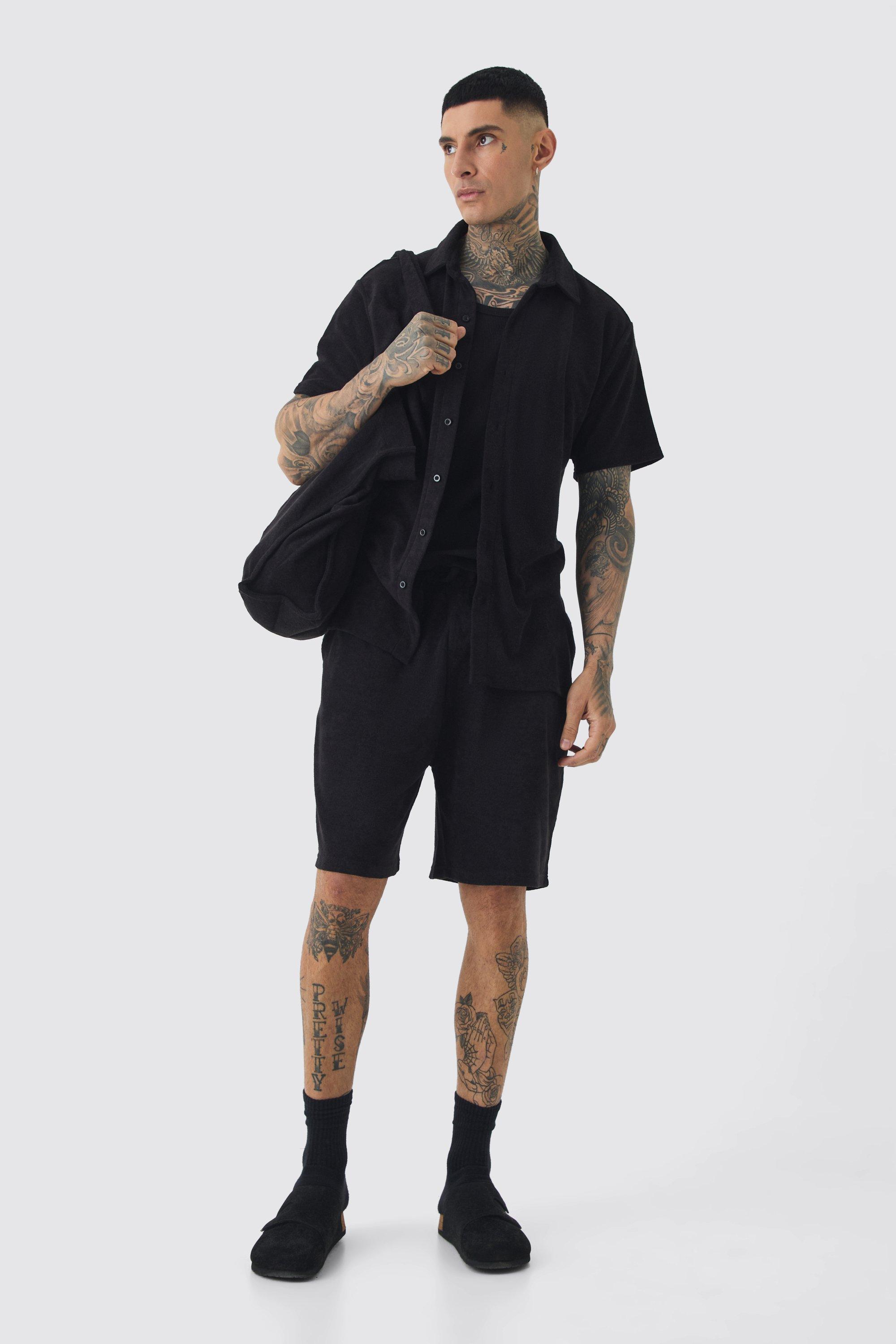 Tall Towelling Overshirt Shirt Short & Tote Set Black | boohooMAN USA Product Image