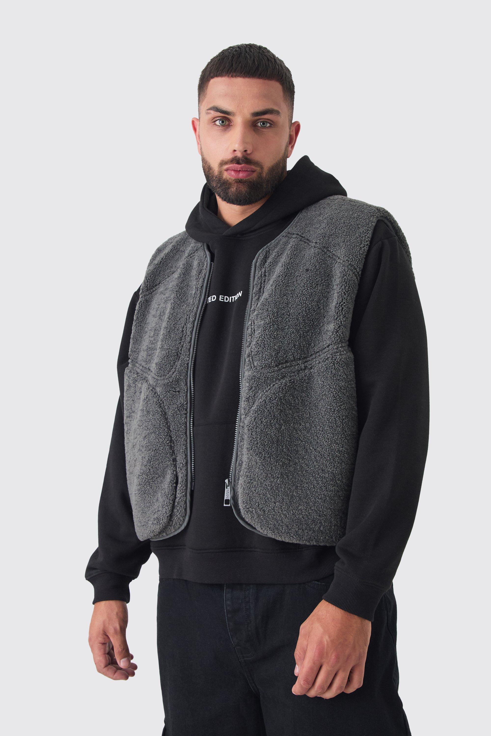 Plus Boxy Borg Pocket Detail Vest In Slate | boohooMAN USA Product Image