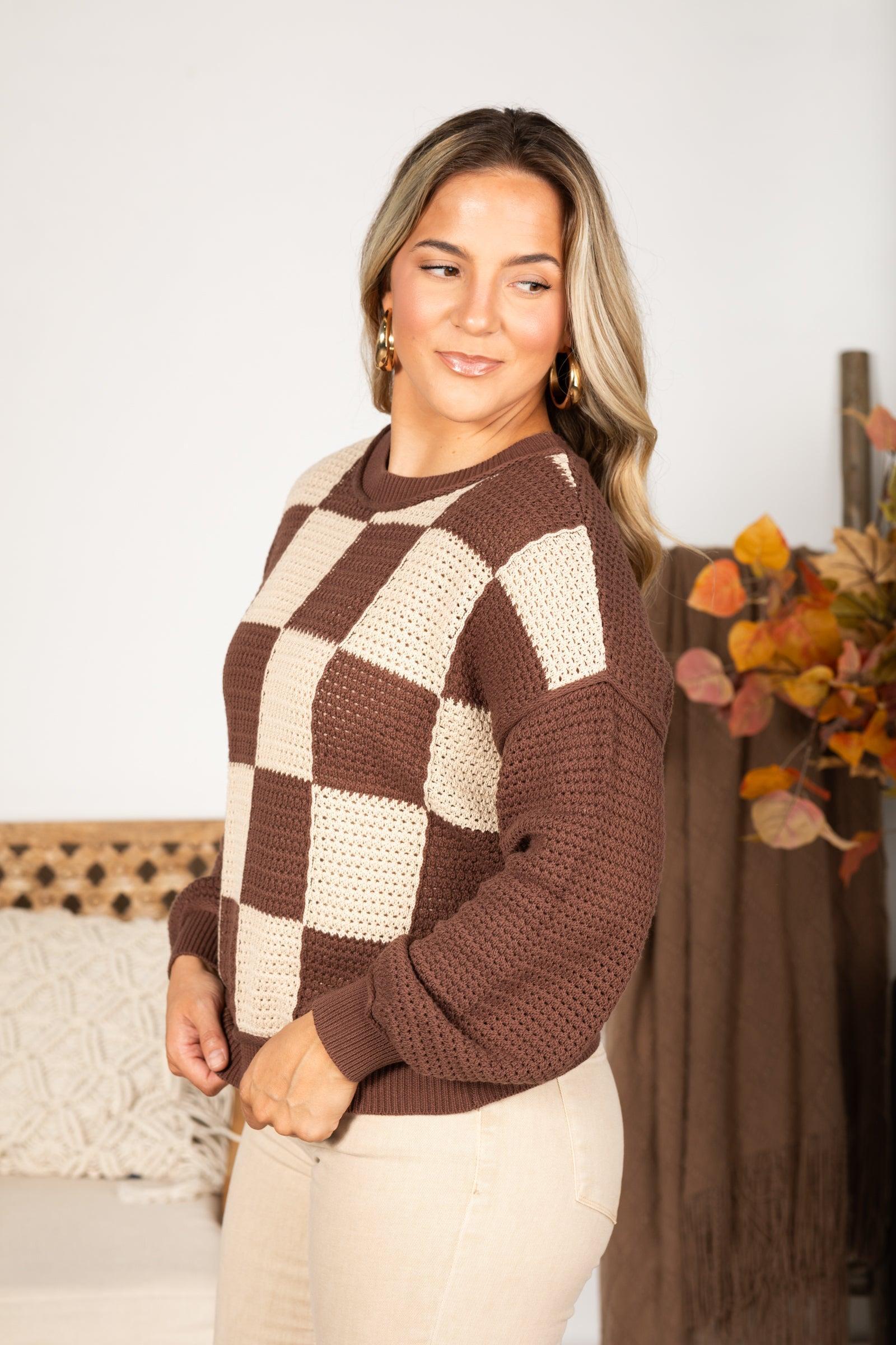 Brown Checkered Crochet Knit Sweater Product Image