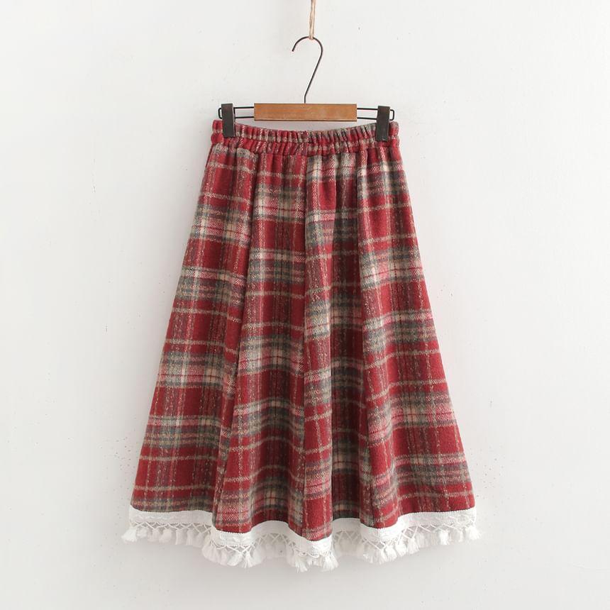 High Waist Plaid Lace Trim Midi A-Line Skirt (Various Designs) Product Image