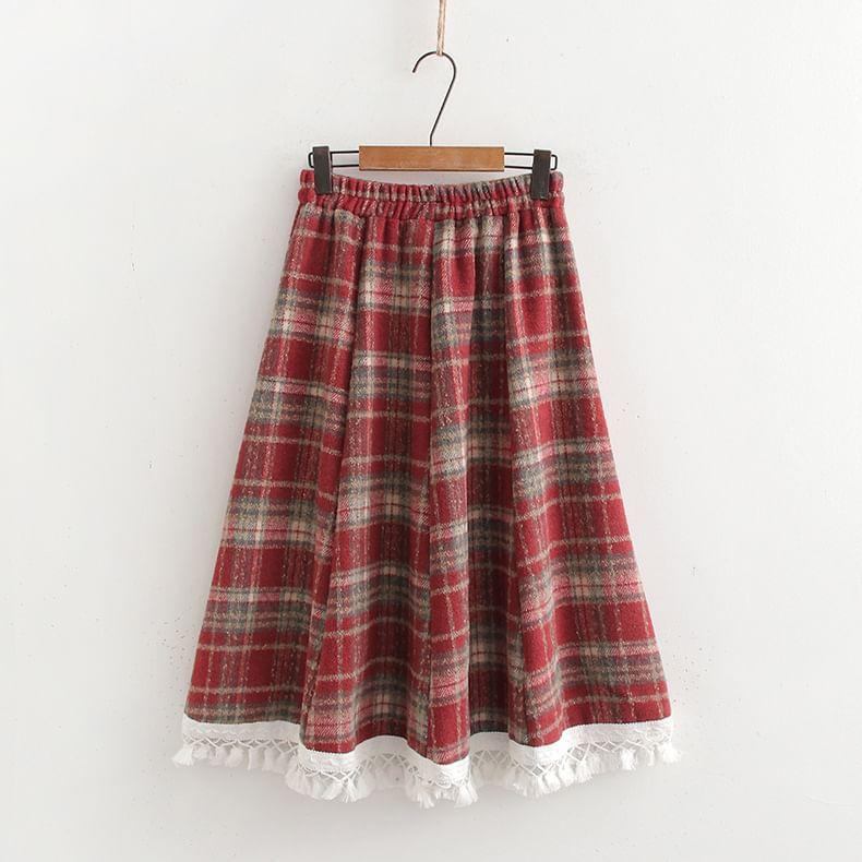 High Waist Plaid Midi A-Line Skirt Product Image