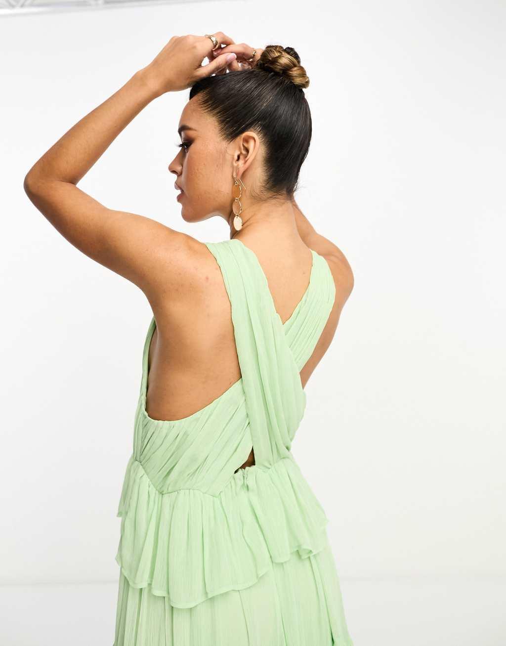 ASOS DESIGN plunge pleated tiered midi dress in sage green Product Image