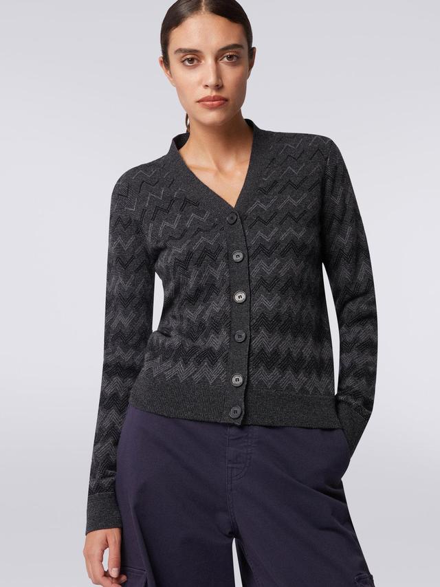 Cashmere V-neck cardigan with zigzags Black | Missoni Product Image