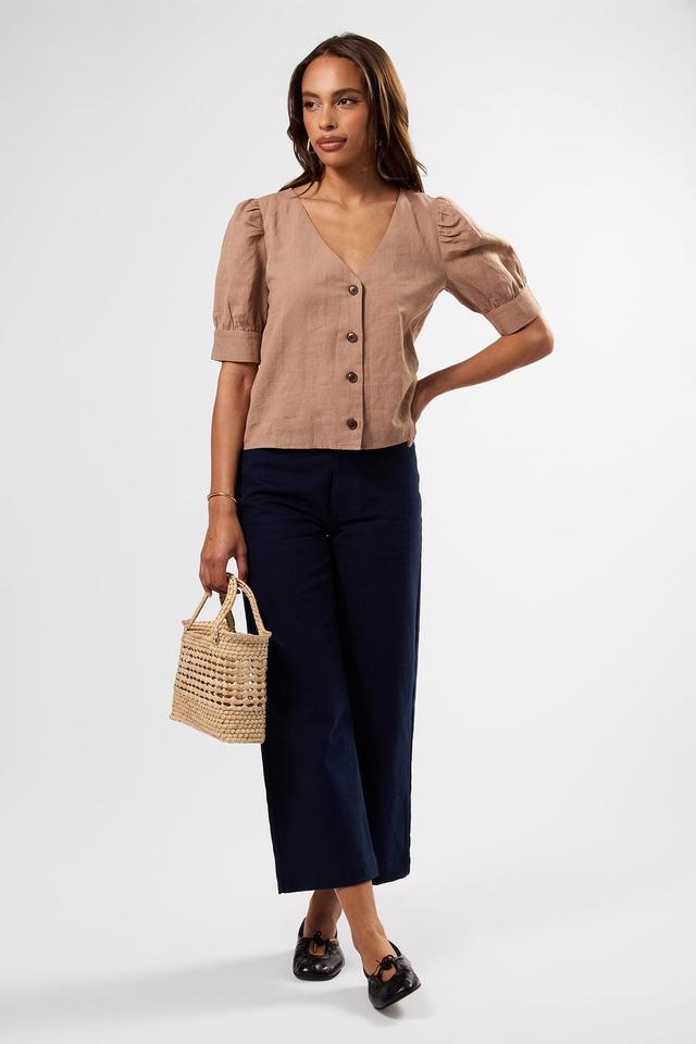 V Neck Cuff Sleeved Blouse - Sand Product Image