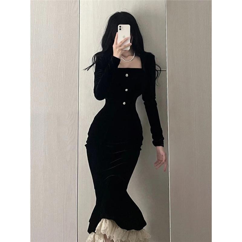 Long-Sleeve Square Neck Frill Trim Velvet Midi Sheath Dress Product Image