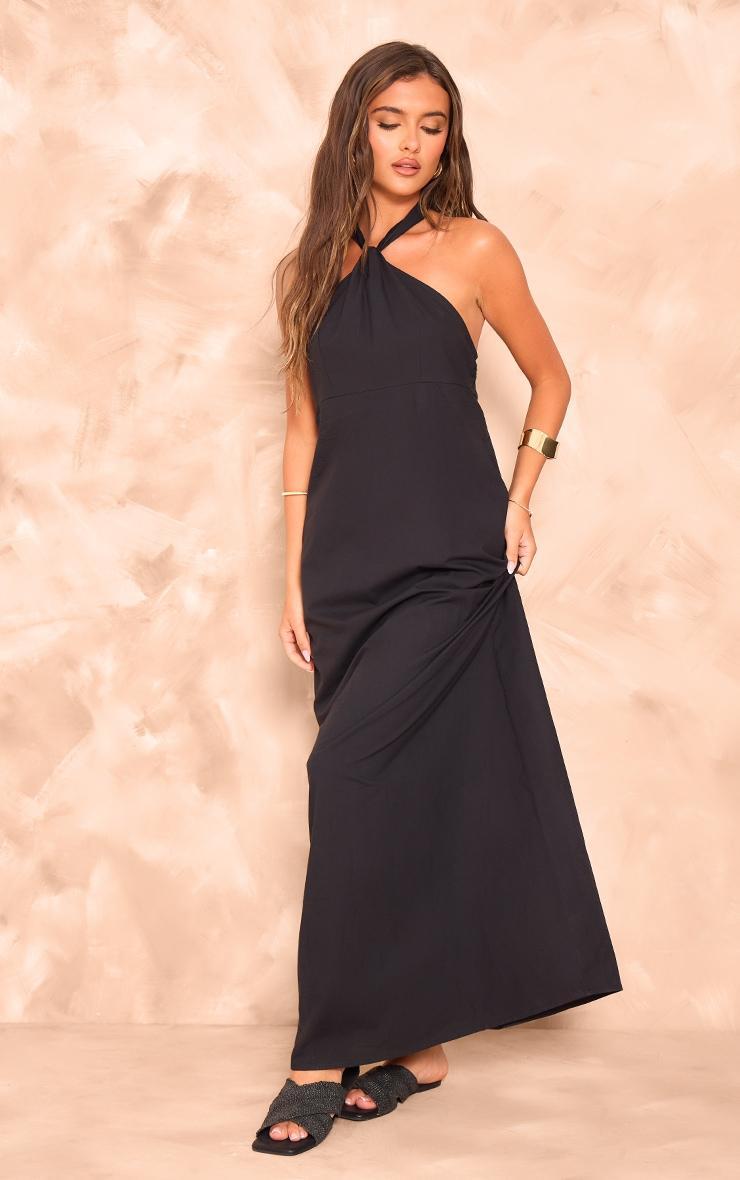 Black Linen Look Knot Halterneck Maxi Dress Product Image