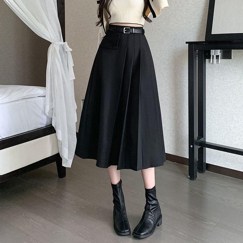 High Rise Plain Asymmetrical Pleated Midi A-Line Skirt Product Image