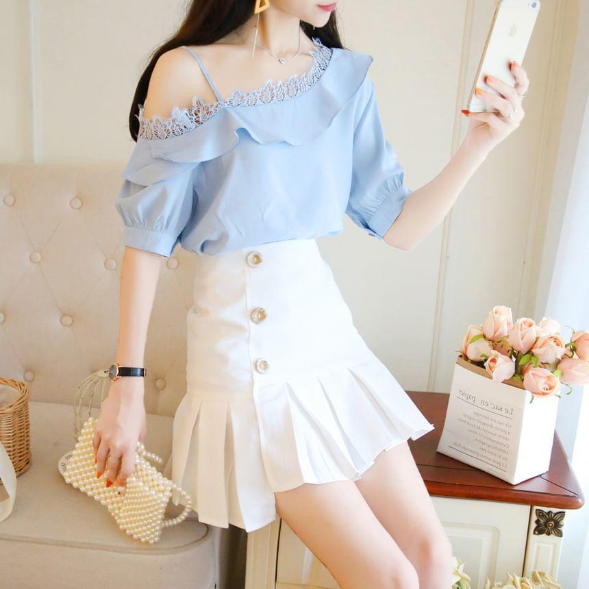 Short-Sleeve Cold Shoulder Plain Ruffle Panel Lace Top / High Waist Plain Pleated Mini A-Line Skirt / Set Product Image