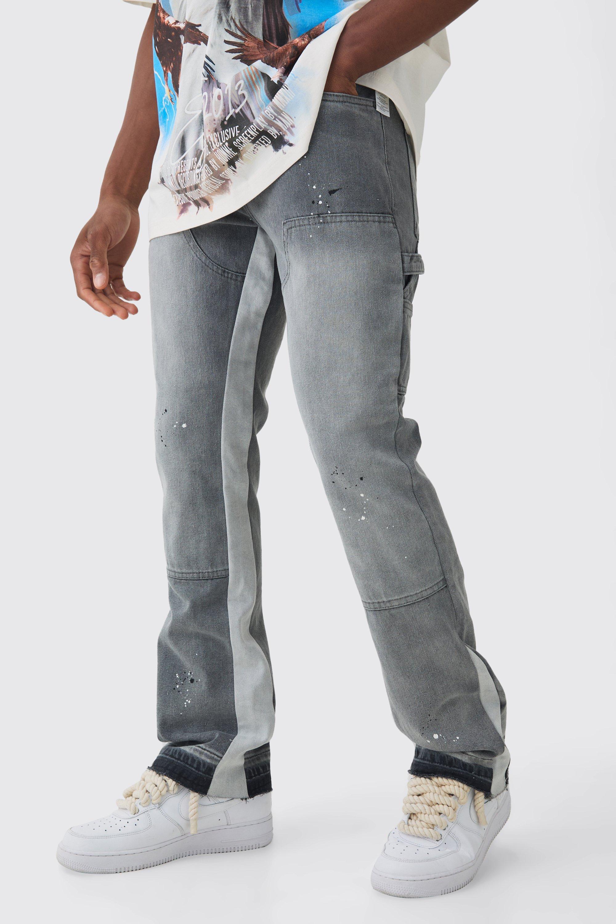 Mens Grey Slim Rigid Flare Paint Splatter Gusset Carpenter Jeans, Grey Product Image