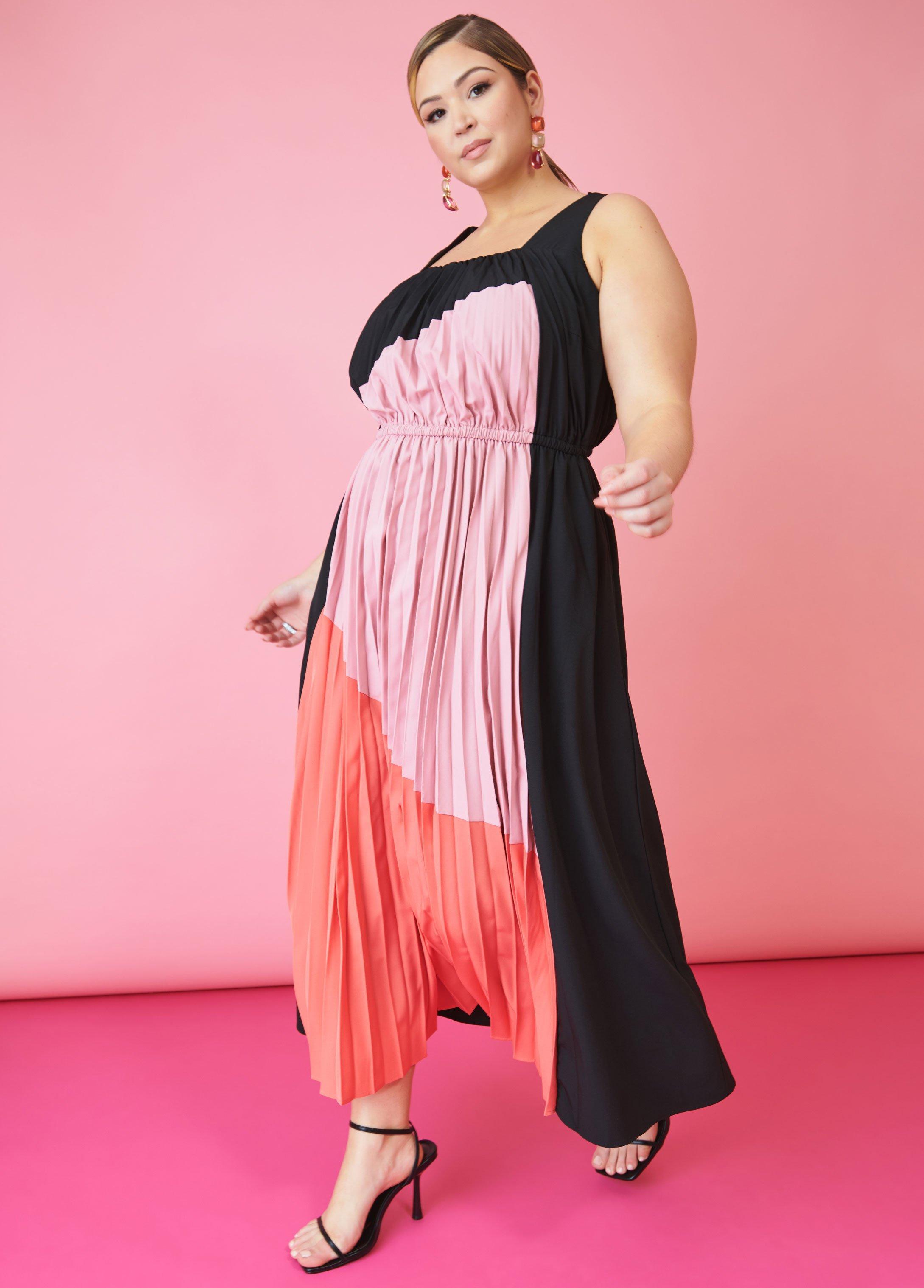 Plus Size Colorblock Pleated Maxi Dress Ashley Stewart Product Image