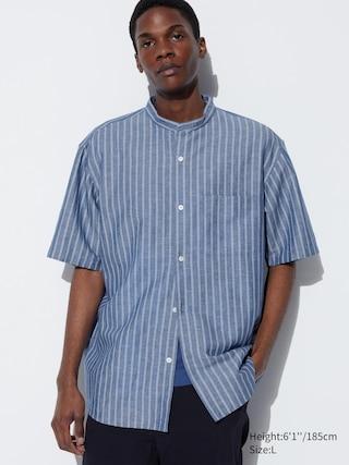 Mens Cotton Linen Stand Collar Striped Short-Sleeve Shirt Blue 2XS UNIQLO US Product Image