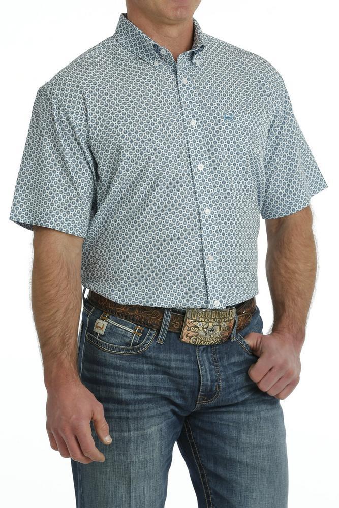 Cinch® Men's S/S White/Blue Geo Print Arenaflex Button Shirt Product Image