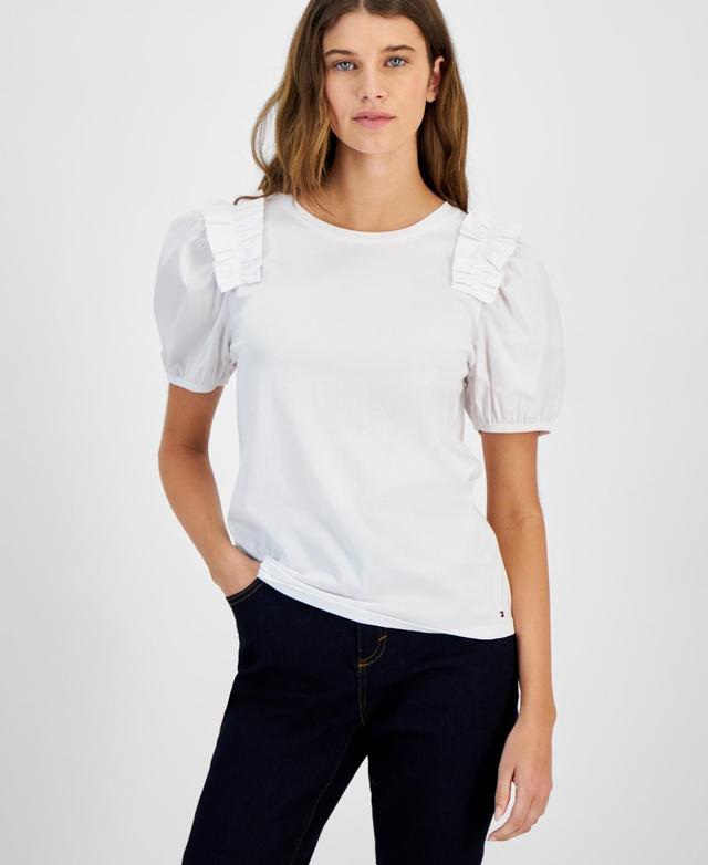 Women's Mixed-Media Crewneck Short-Sleeve Top Product Image