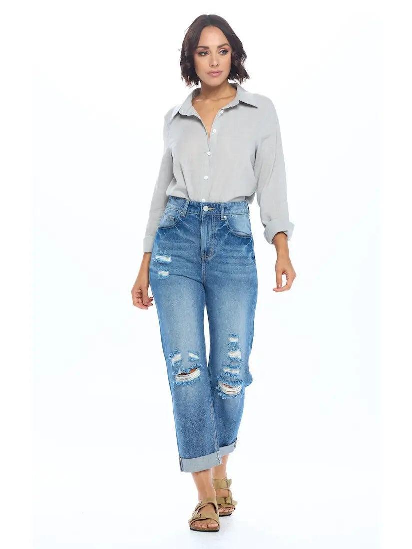 High Rise Ripped Boyfriend Jeans Female Product Image