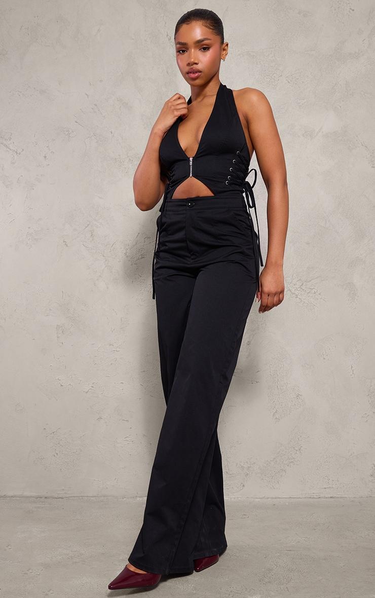 Black Woven Halter Zip Detail Lace Up Jumpsuit Product Image