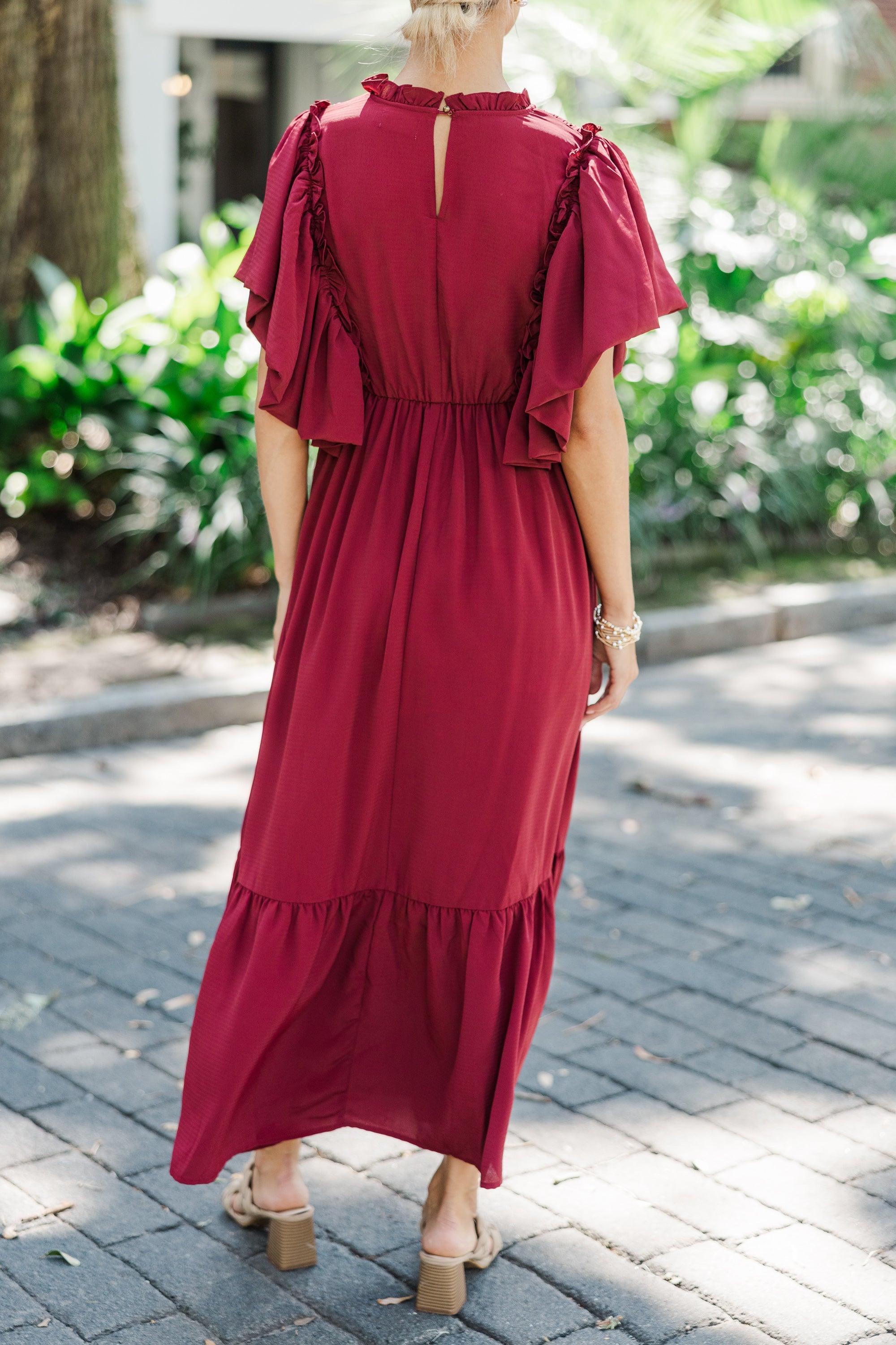 All The Good Burgundy Red Ruffled Midi Dress Female Product Image