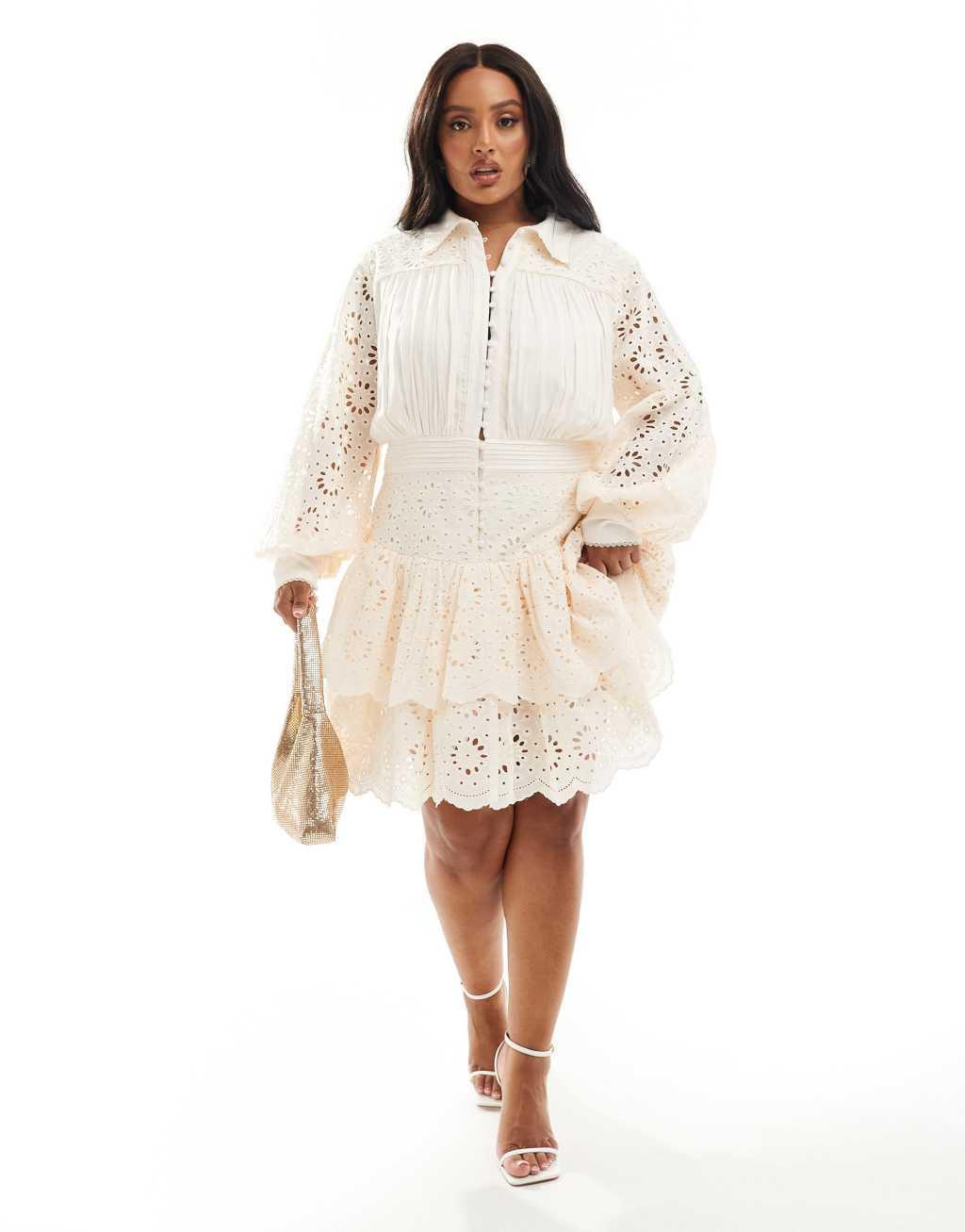 ASOS LUXE Curve eyelet peplum mini shirt dress in cream Product Image