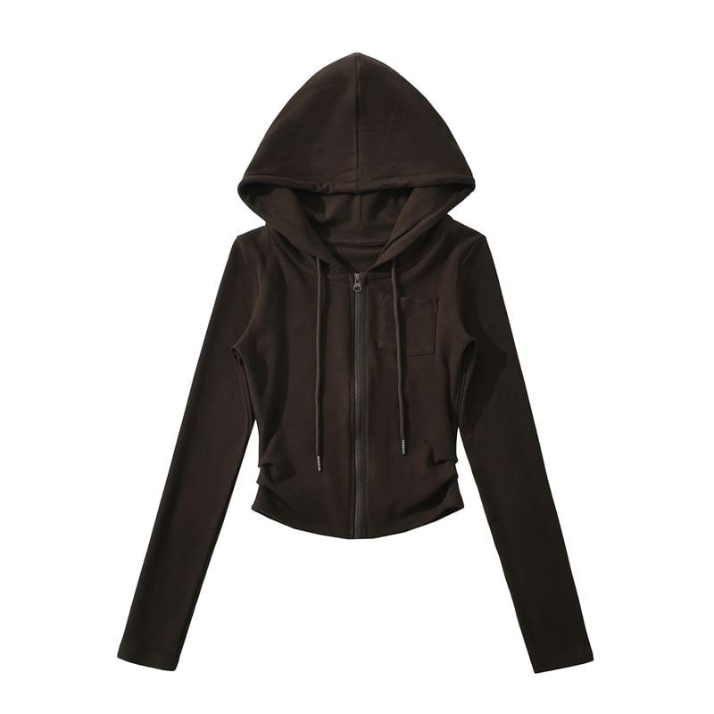 Plain Ruched Pocket Detail Zip Hoodie Product Image