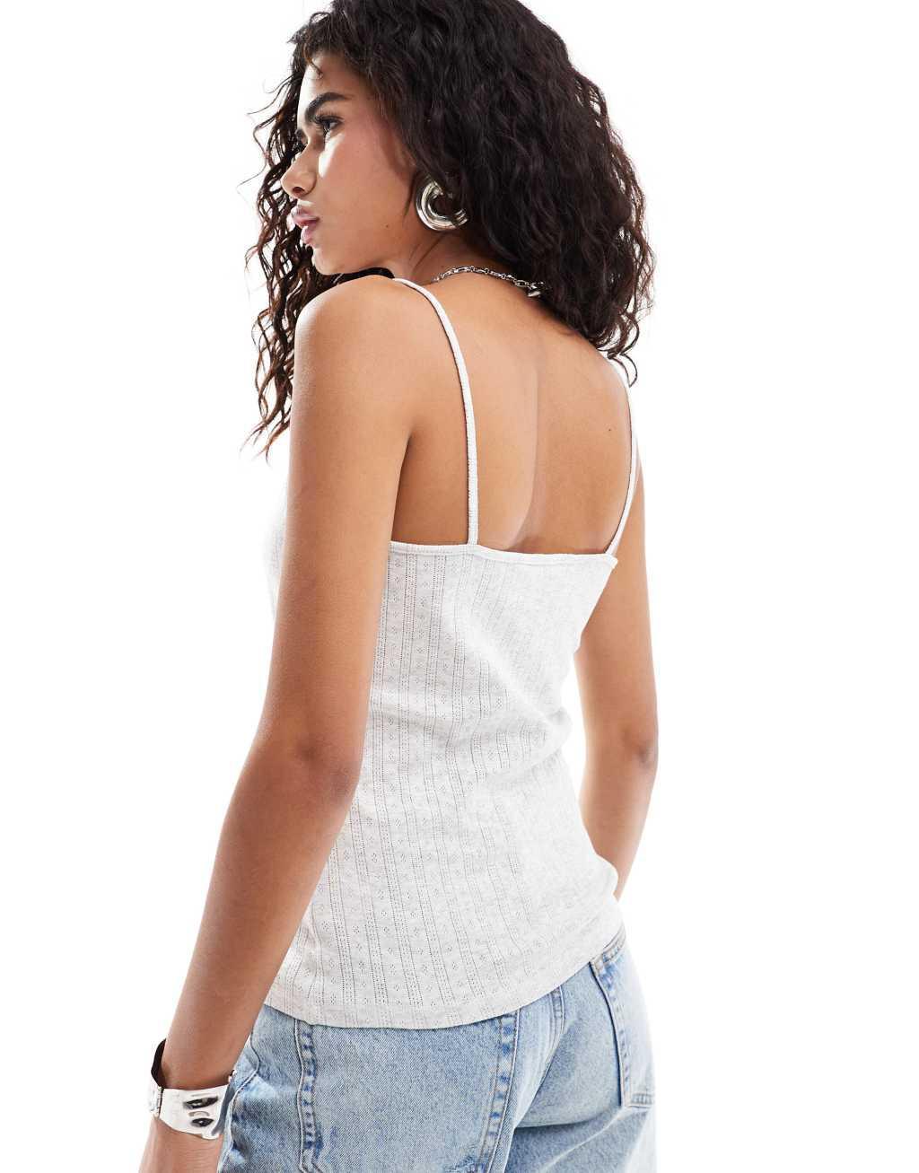 Monki strappy pointelle tank top with lace trim in light gray melange Product Image