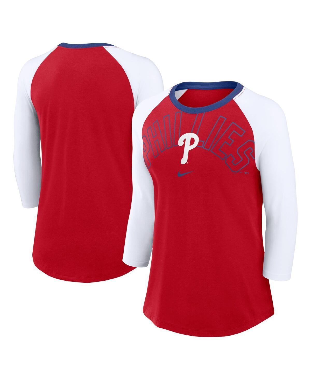 Nike Womens Red Philadelphia Phillies Knockout Arch 3/4-Sleeve Raglan Tri-Blend T-Shirt - Red, White Product Image