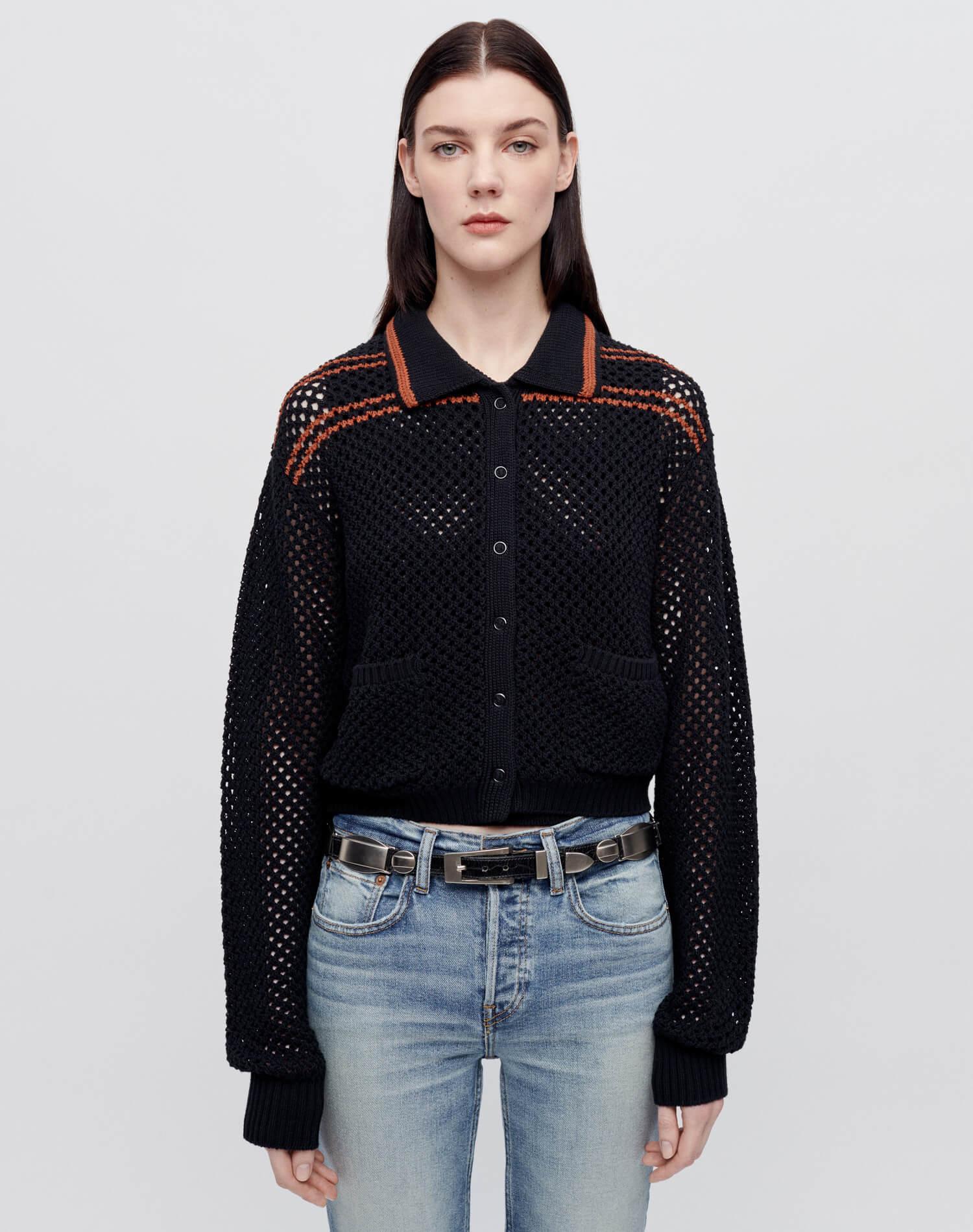 Crochet Mesh Polo Cardi - Black Combo Female Product Image