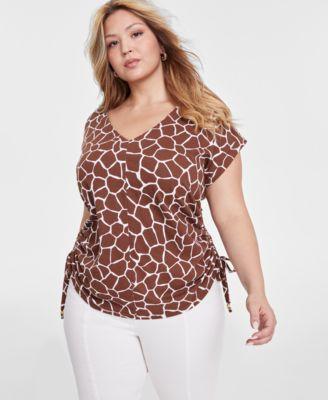 Plus Size Animal-Print Ruched Side-Tie V-Neck Blouse, Created for Macy's Product Image