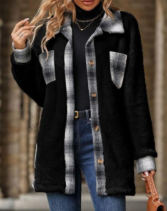 Collared Plaid Panel Button-Up Coat Product Image