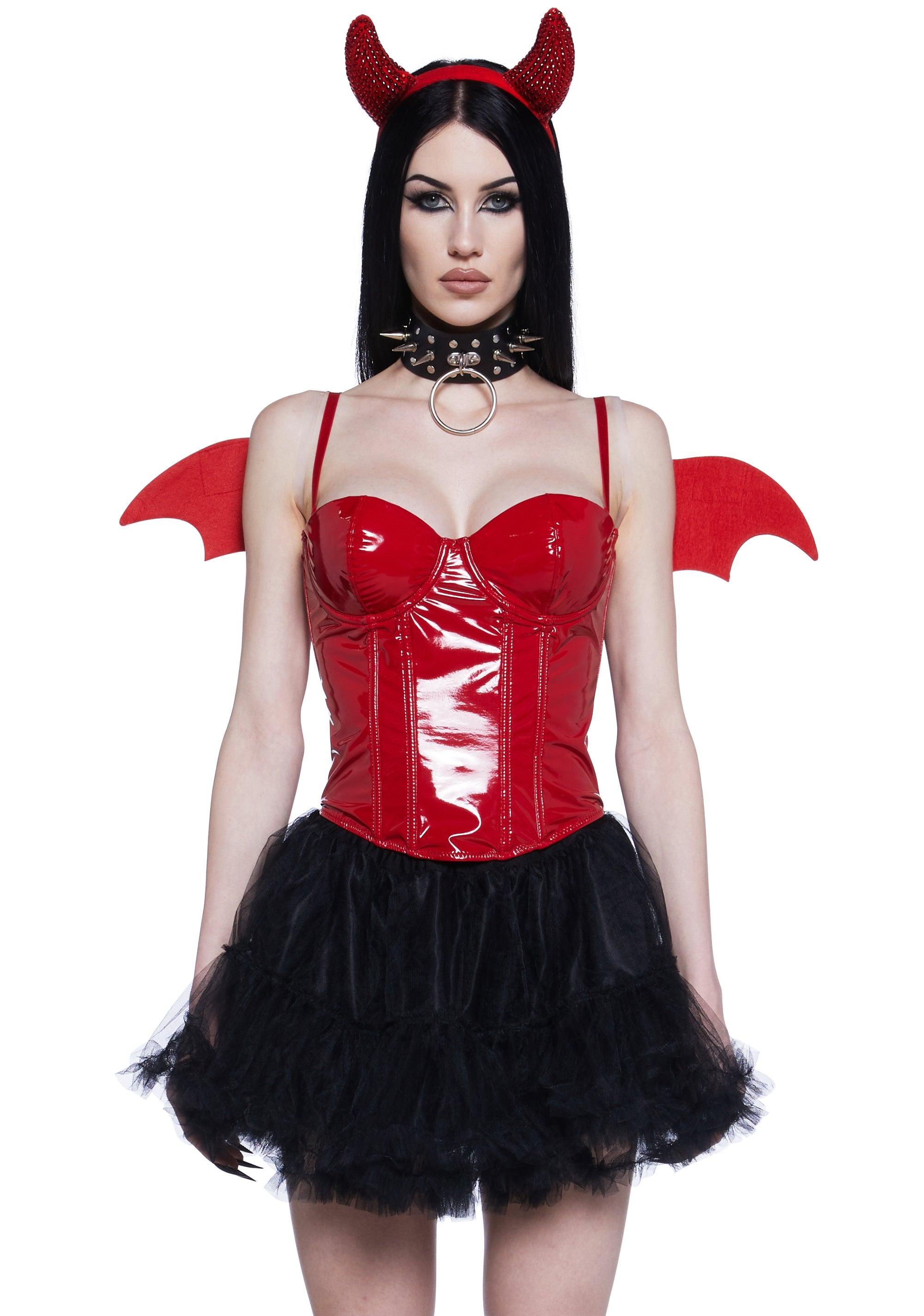 Rhinestone Devil Wing Harness And Devil Horns Halloween Costume Set - Red Product Image