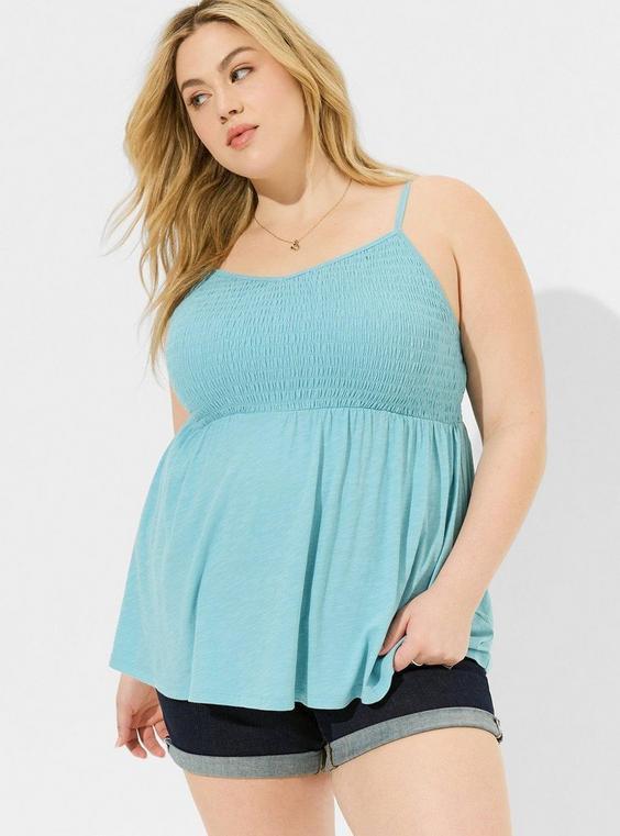 Cotton Modal Slub V-Neck Smocked Babydoll Tank Product Image