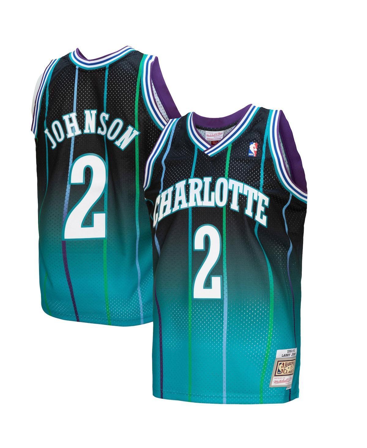 Mens Mitchell & Ness Larry Johnson Teal/Black Charlotte Hornets 1992/93 Hardwood Classics Fadeaway Swingman Player Jersey Product Image