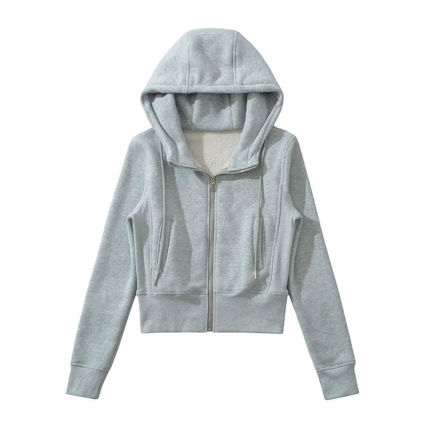 Drawstring Plain Crop Zip Hoodie Product Image