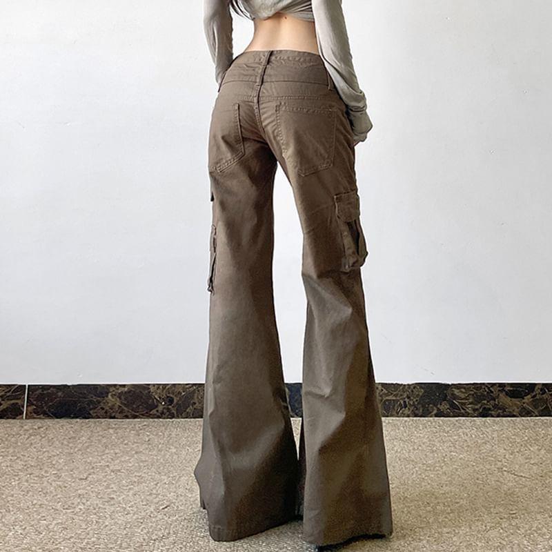 Low Waist Plain Pocket Slim-Fit Boot-Cut Cargo Pants Product Image