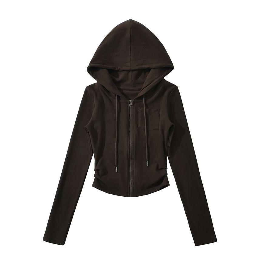 Long Sleeve Plain Slim-Fit Zip-Up Hooded Jacket Product Image