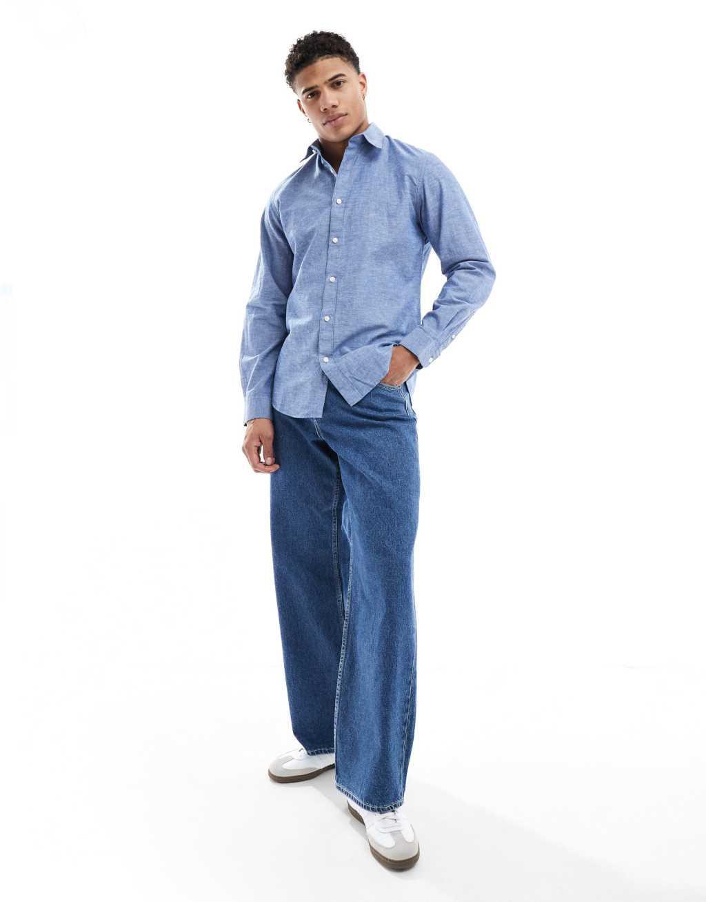 Selected Homme long sleeve linen mix shirt in blue Product Image