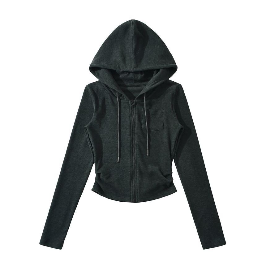 Long Sleeve Plain Slim-Fit Zip-Up Hooded Jacket Product Image