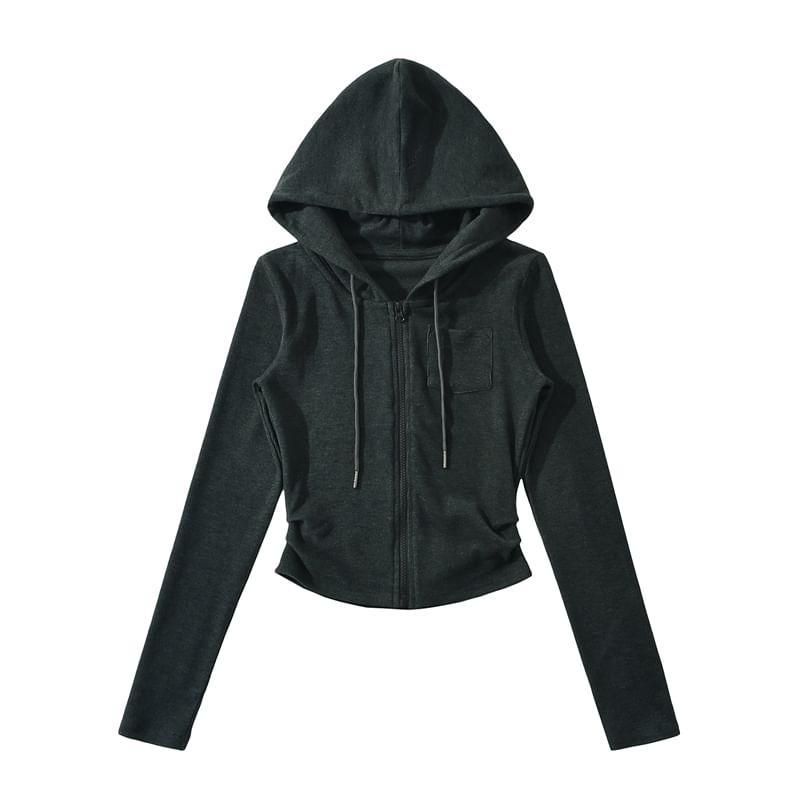 Plain Ruched Pocket Detail Zip Hoodie Product Image