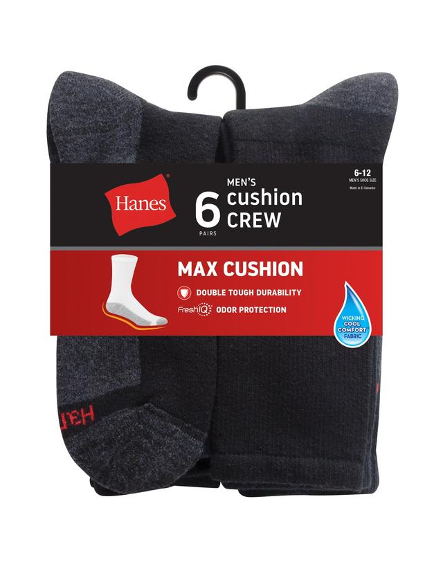 Hanes Double Tough Mens Crew Socks, Max Cushion, 6-Pairs Black/Grey 6-12 Product Image