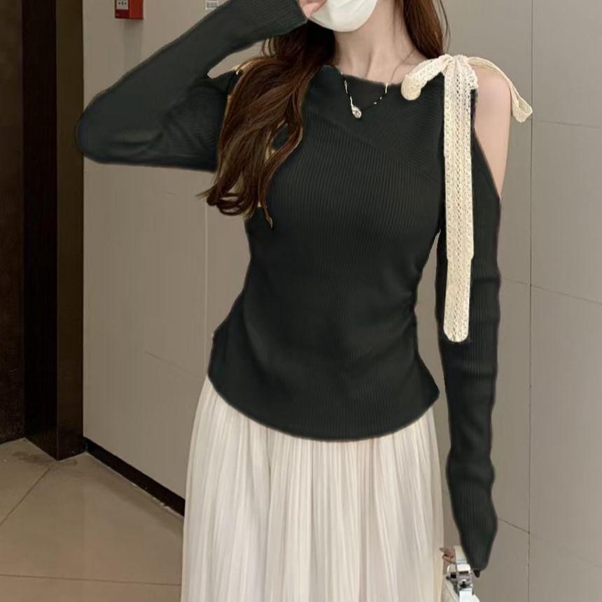 Long-Sleeve Cold Shoulder Lace Panel Slim Fit Knit Top Product Image