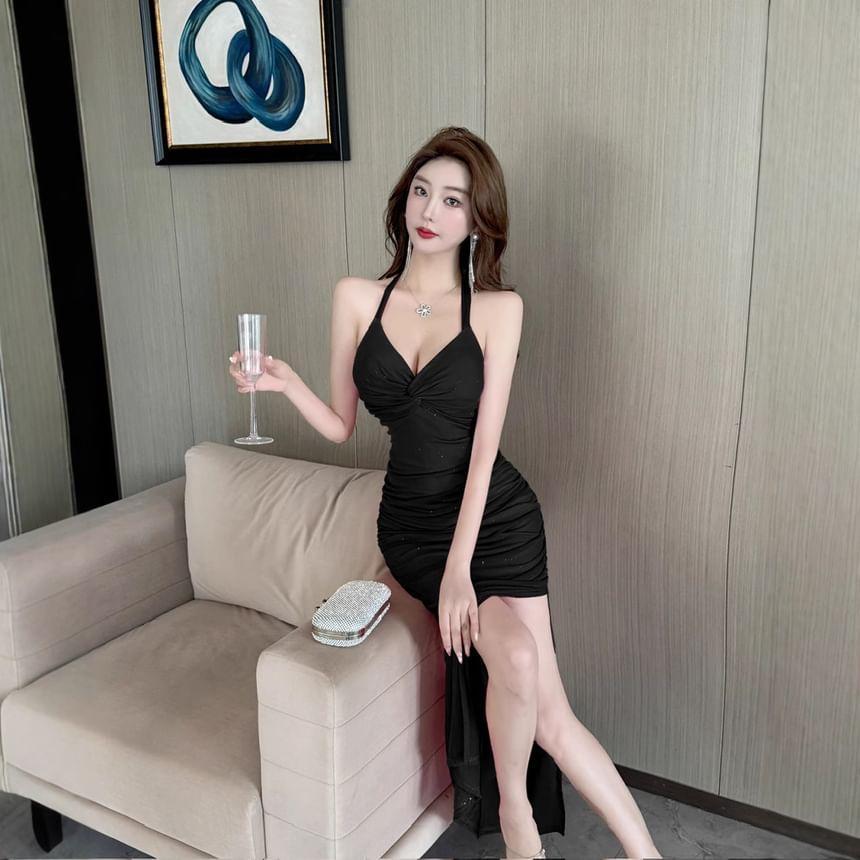 Halter V-Neck Plain Ruched Open Back Slit Mesh Maxi Bodycon Dress Product Image