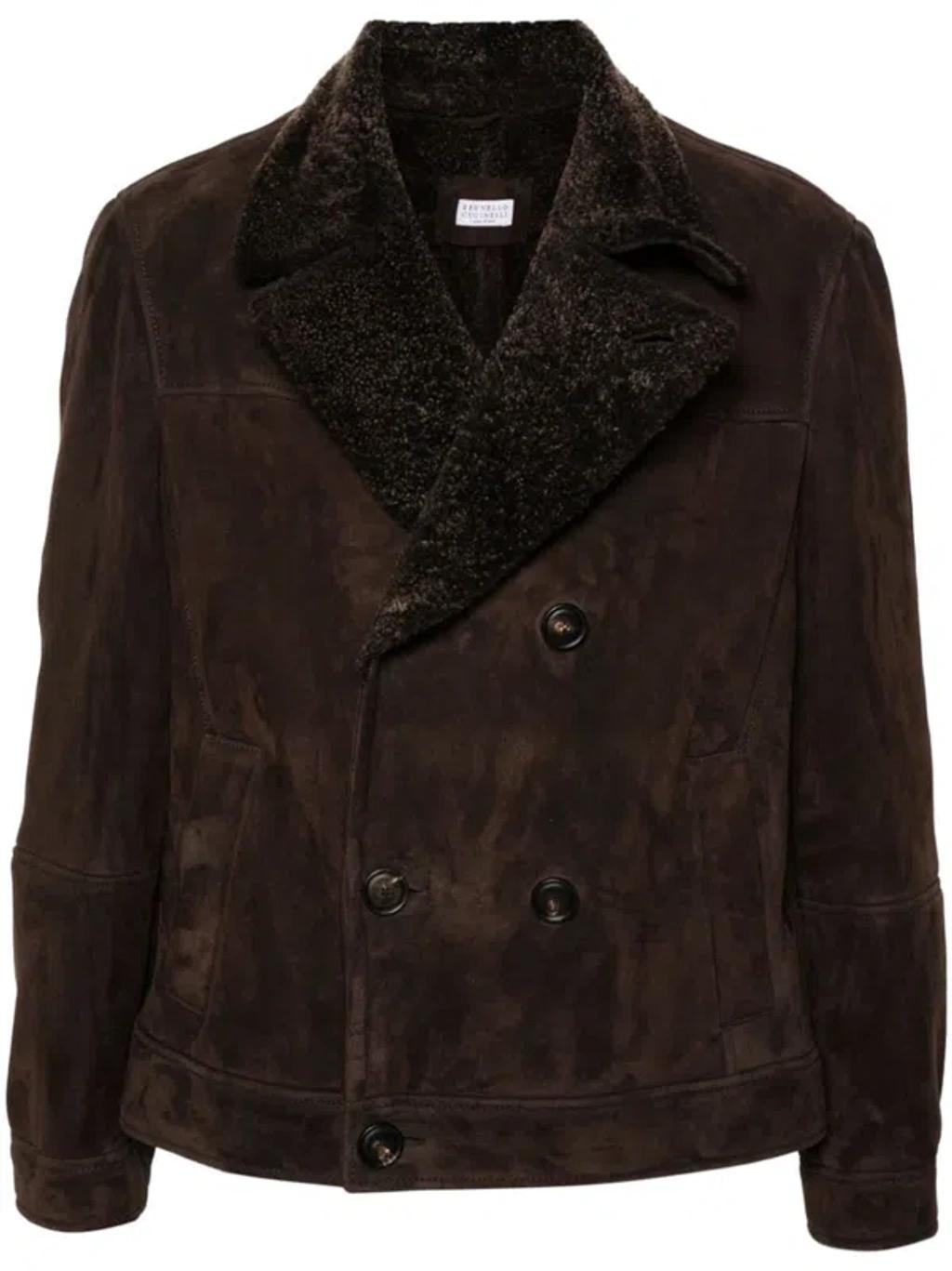 BRUNELLO CUCINELLI Double-breasted Shearling Jacket In Brown Product Image