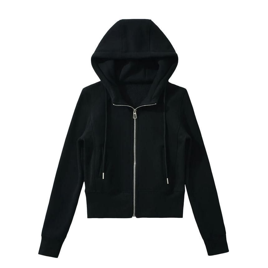 Drawstring Plain Crop Zip Hoodie Product Image